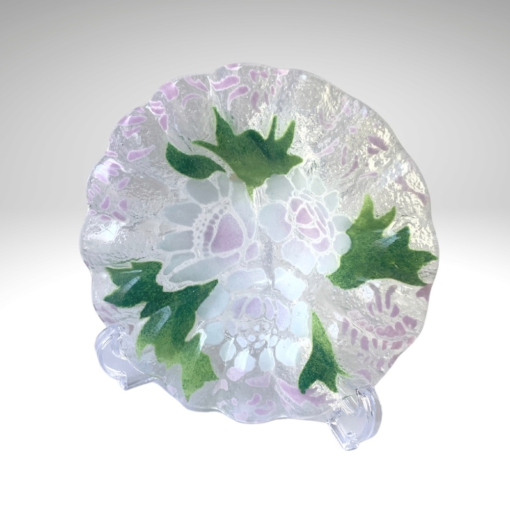 Sydenstricker Fused Art Glass Bowl Ruffle Edge Pink White Flowers Vintage 7"